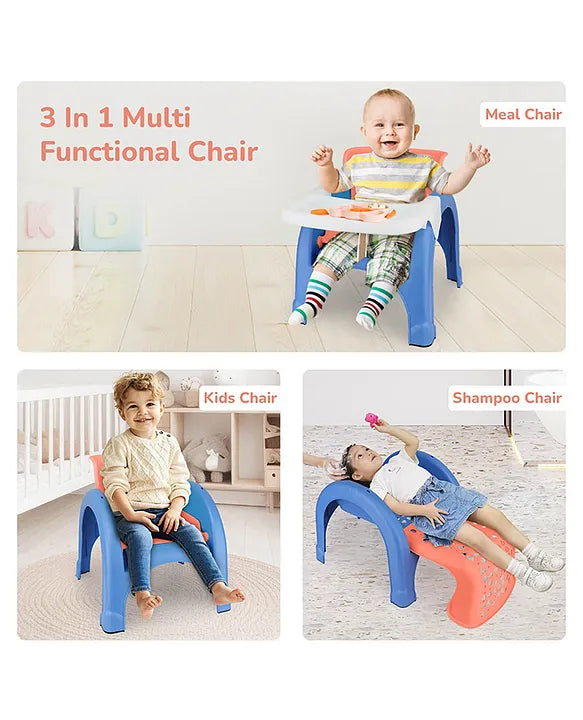 3-in-1 multi-functional chair used as a meal, kids, and shampoo chair with children using it.